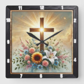 Horloge Carrée Spiritualité radiante croisée florale (Recto)