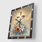 Horloge Carrée Spiritualité radiante croisée florale (Angle)