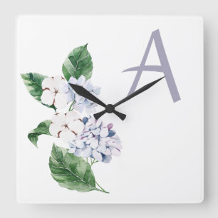 Horloge Carrée Spring HYRDANGEA avec lettre personnalisable