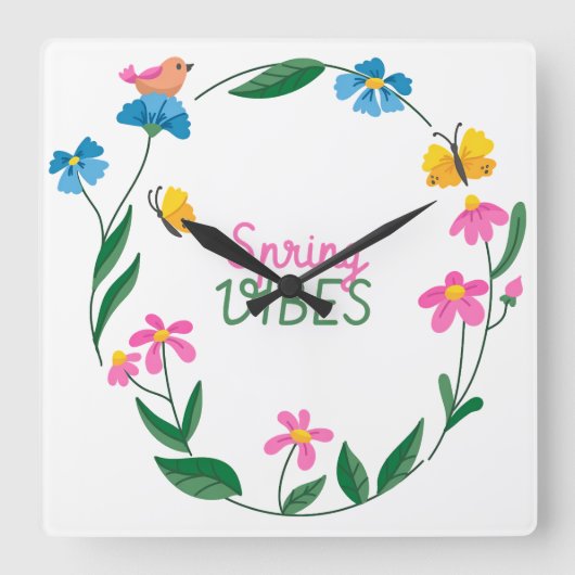 Horloge Carrée Spring Vibes with Flowers and Butterflies (Recto)