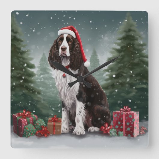Horloge Carrée Springer Spaniel Chien dans la neige Noël (Recto)
