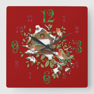 Horloge Carrée Square Winter Robin Bird House Wall Clock
