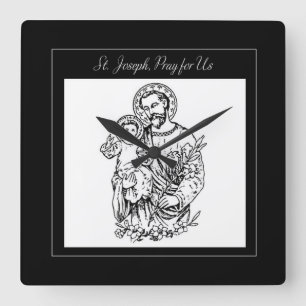 Horloge Carrée St. Joseph Priez pour nous Noir, Blanc, Catholique