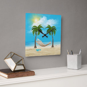 Horloge Carrée Starfish et Hammock sur Tropical Beach