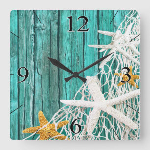 Horloge Carrée Starfish Netting Beach Wood aqua