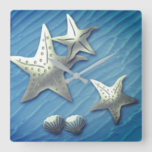 HORLOGE CARRÉE STARFISH ON THE SEA, FAUX RELIEF LARGE CLOCK