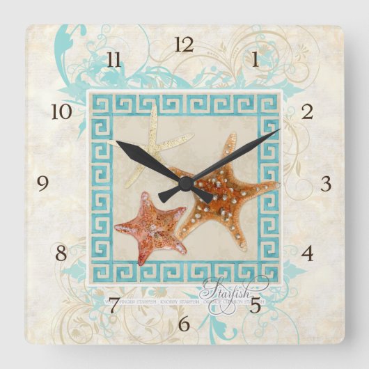 Horloge Carrée Starfish Sea Shells Ocean Greek Key Pattern (Recto)