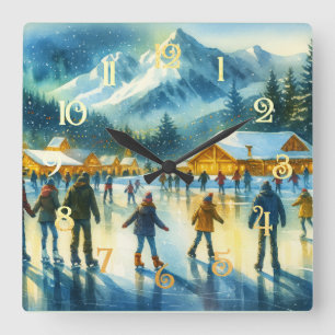 Horloge Carrée Station d'eau de Noël Patinage sur glace