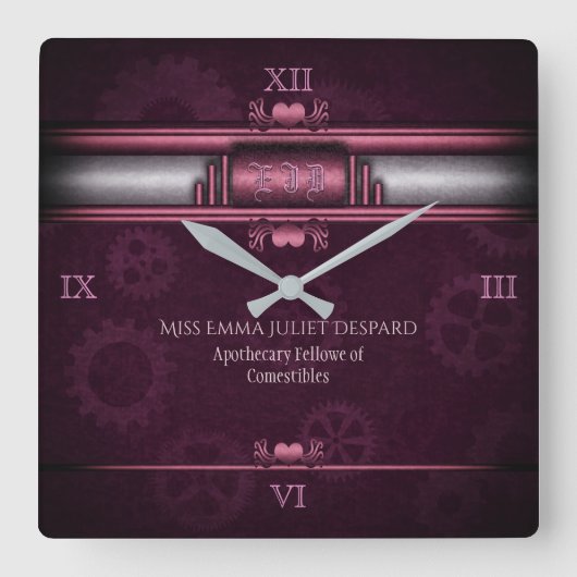 Horloge Carrée Steampunk, Coeurs et engrenages roses, Monogramme (Recto)