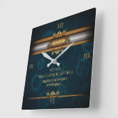 Horloge Carrée Steampunk, laiton sur des engrenages turquoises fo (Angle)