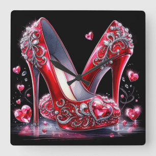 Horloge Carrée Stilettos d'aquarelle rouge avec diamant en forme