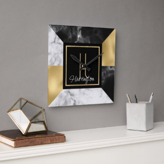 Horloge Carrée Style Art Déco Marbre et or Monogramme