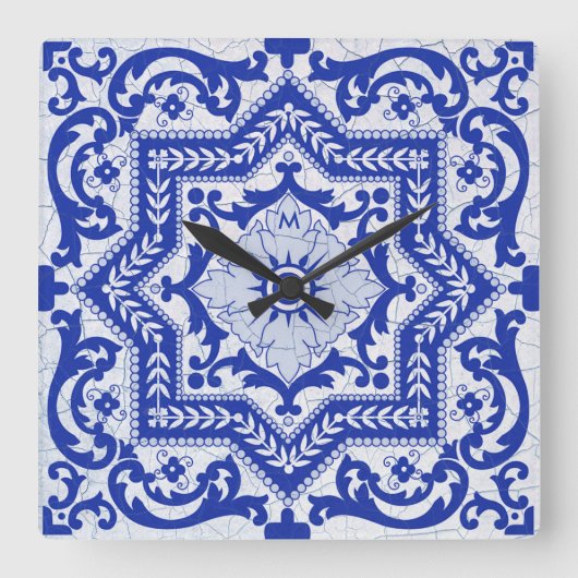 Horloge Carrée Style azulejo en céramique craquée bleue Azulejo V (Recto)