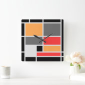 Horloge Carrée Style mondrique design orange rouge noir gris (Maison)
