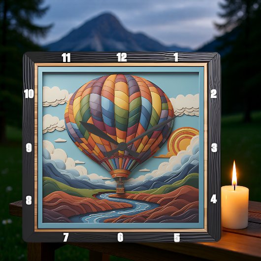 Horloge Carrée Stylized Hot Air Balloon River Valley