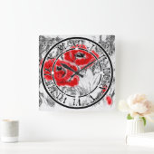 Horloge Carrée Stylo dessiné à la main des pavots rouges fleurs f (Maison)