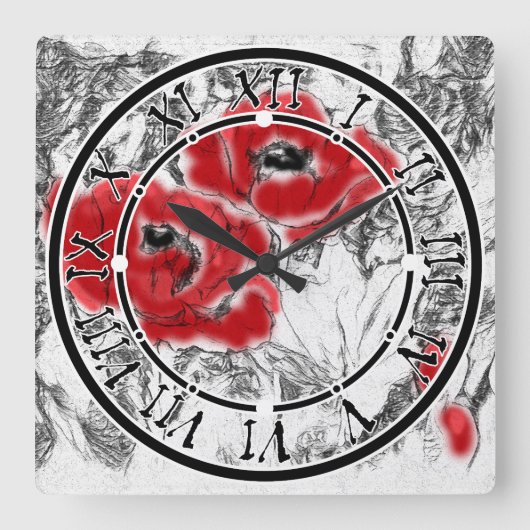 Horloge Carrée Stylo dessiné à la main des pavots rouges fleurs f (Recto)
