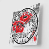 Horloge Carrée Stylo dessiné à la main des pavots rouges fleurs f (Angle)