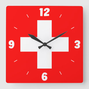 Horloge Carrée Suisse Drapeau Inscription Croix blanche Chiffres