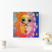 Horloge Carrée Sun et art abstrait de lune (Maison)