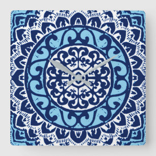 Horloge Carrée Sun Sud-Ouest Mandala Batik, Navy Blue & White