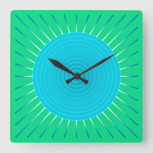Horloge Carrée Sunburst géométrique moderne - bleu et vert Jade
