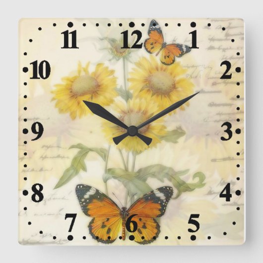 Horloge Carrée Sunflowers and butterfly square wall clock (Recto)