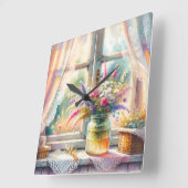 Horloge Carrée Sunlit Cottage Window Wildflowers (Angle)