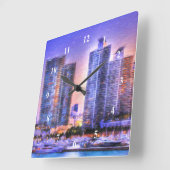 Horloge Carrée Sunrise de Miami Skyline (Angle)