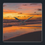 Horloge Carrée Sunset Beach Tropical Orange Yellow<br><div class="desc">Enjoy the sunset every day with this design. The beautiful oranges and yellows make this sunset absolue stunny stunning and will be a great addito your beach themed bathroom.</div>