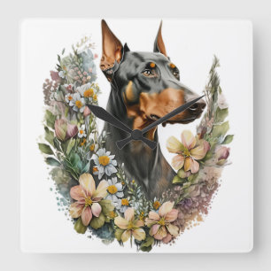 HORLOGE CARRÉE SUPERBE CHIEN DOBERMAN PINSCHER NOIR ET FEU