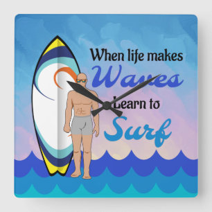Horloge Carrée Surboard Ocean Waves Blue Motivational Quote