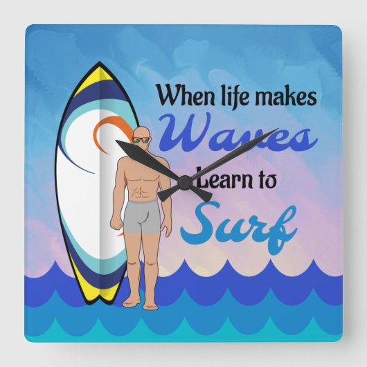 Horloge Carrée Surboard Ocean Waves Blue Motivational Quote (Recto)