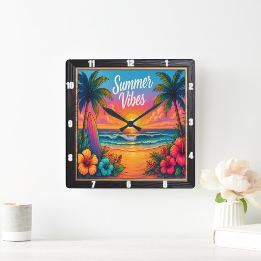 Horloge Carrée Surf de plage Summer Vibes (Maison)