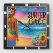 Horloge Carrée Surfer Girl Beach Sunset (Recto)