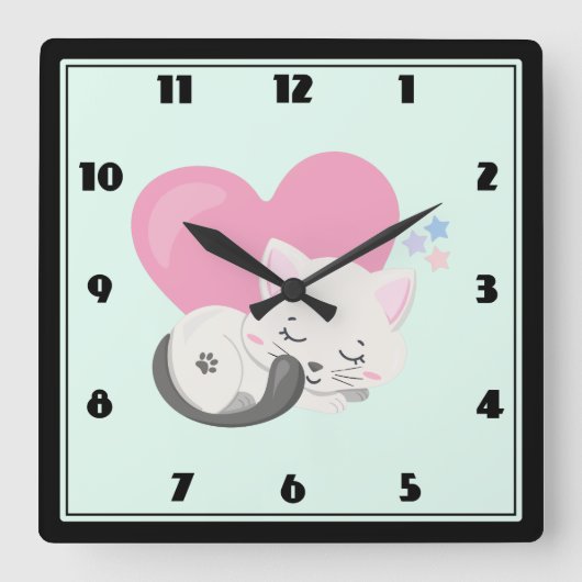 Horloge Carrée Sweet Kitty Chat Dormir avec un grand coeur en arr (Recto)