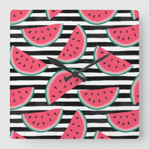 Horloge Carrée Sweet Watermelon sur bandes Motif noir et blanc
