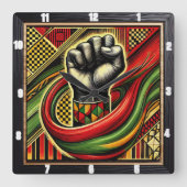 Horloge Carrée Symbole de poing à thème africain couleurs vives (Recto)