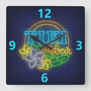 Horloge Carrée Symbole Tiki Bar Neon Carré Mur Clock