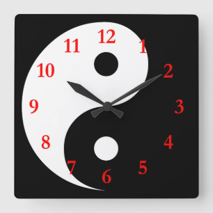 Horloge Carrée Symbole Yin Yang Blanc/Noir avec des chiffres roug