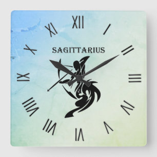 Horloge Carrée Symbole zodiaque Sagittarius Chiffres verts bleus