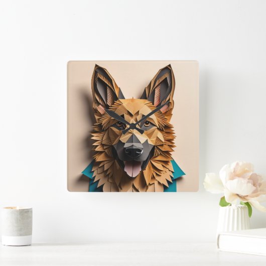 Horloge Carrée T-shirt design d'art papier 3D berger allemand (Maison)