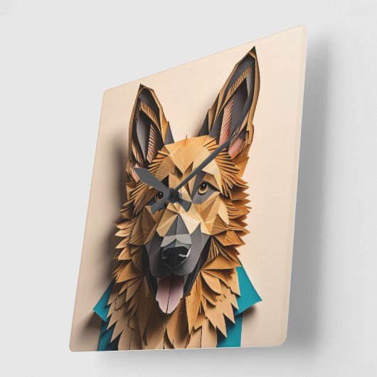 Horloge Carrée T-shirt design d'art papier 3D berger allemand (Angle)