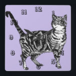 Horloge Carrée Tabby Cat Animal Childs<br><div class="desc">Tabby Cat Art Animal Childs Pastel Puple Room Decor Clock. Designed from my original ink drawing art.</div>