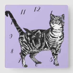 Horloge Carrée Tabby Cat Animal Childs Kids Pastel Purple Sq