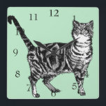 Horloge Carrée Tabby Cat Cats Art Animal Mint Décor Vert<br><div class="desc">Tabby Cat Cats Art Animal Childs Pastel Mint Green Chambre Horloge. Conçu à partir de mon dessin original à encre.</div>