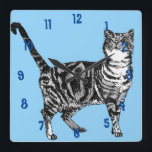 Horloge Carrée Tabby Chat Chats Art Animal Enfants Bleu clair<br><div class="desc">Tabby Chat Chats Art Animal Enfants Bleu clair Salle Horloge. Conçu à partir de mon dessin original à encre.</div>