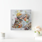 Horloge Carrée Tabby Chat Chats Cute Aquarelle Décor Peinture (Maison)