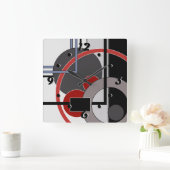 Horloge Carrée Tableau abstrait noir et rouge géométrique (Maison)