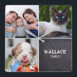 Horloge Carrée Tableau noir - Photos personnalisées modifiables<br><div class="desc">Personnalisez cette horloge murale avec leurs photos précieuses et mettez à jour le nom de famille. Profitez des compliments en donnant un cadeau aussi réfléchi. *N'hésitez pas à me contacter si vous avez besoin d'aide pour mes designs. Il est assez facile de transférer un style existant vers un autre produit...</div>